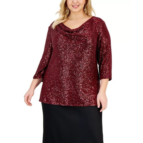 Alex Evenings Tops - Alex Evenings Women's Red Sequined Cowl Neck Blouse Tunic Top Plus 3X